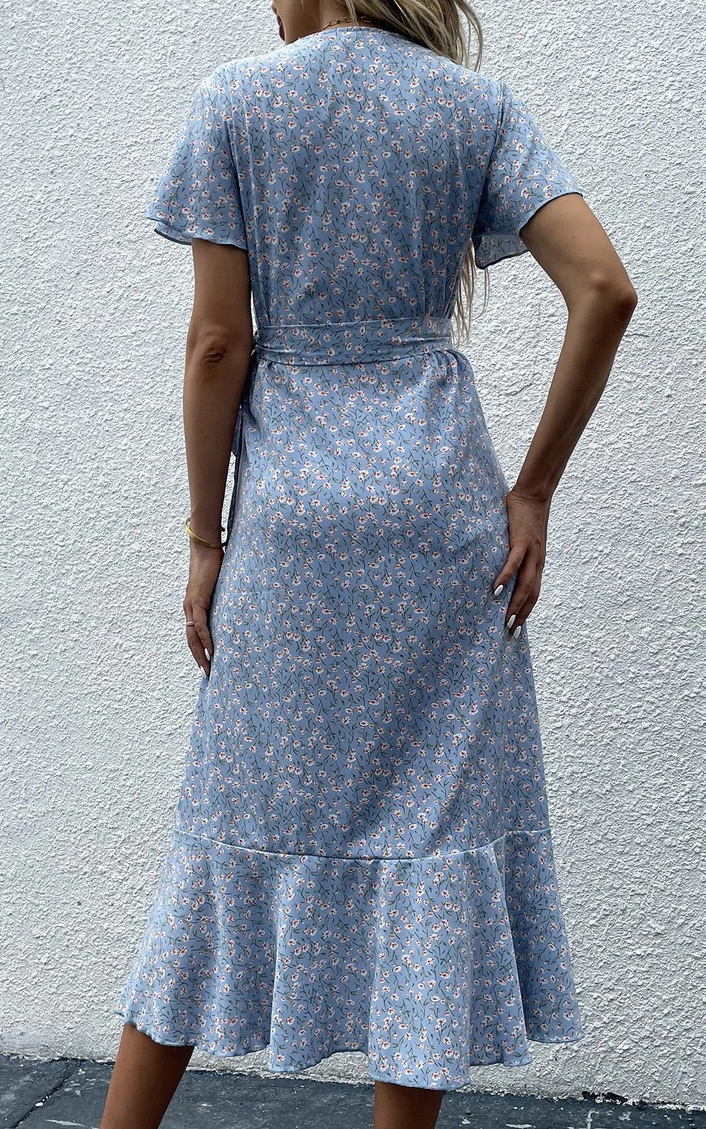 Floral Print Wrap Hem Midi Dress In Light Blue