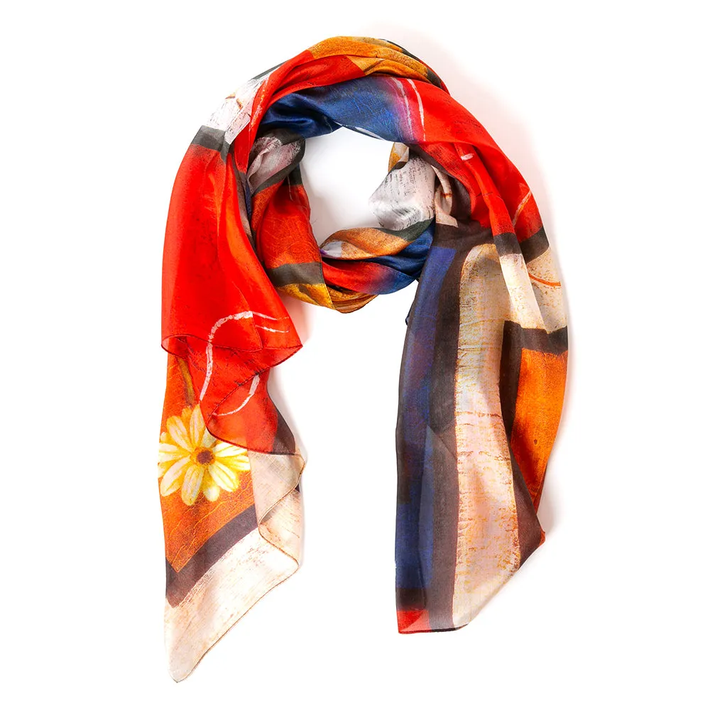 Flower Print Red Silk Scarf