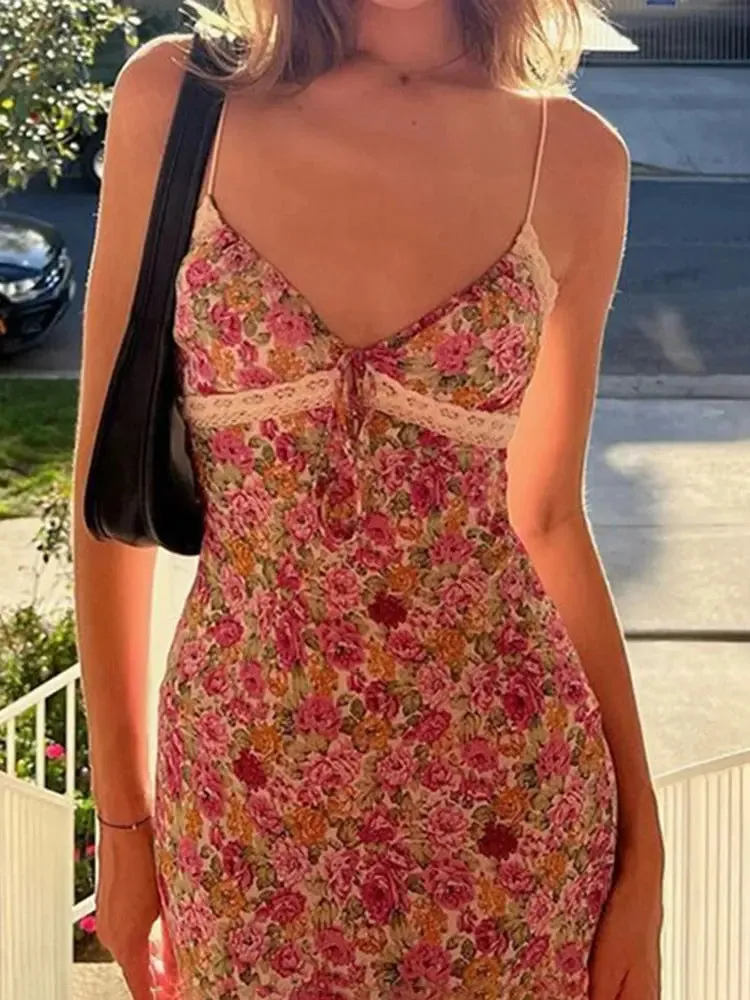 Flowers Print Spaghetti Straps Pink Long Dress