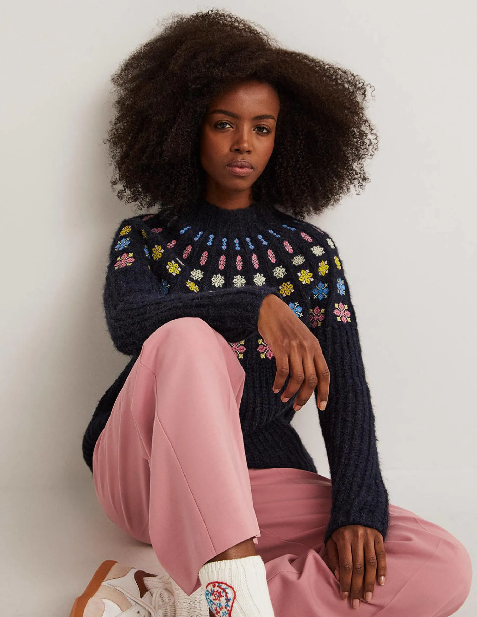 Fluffy Embroidered Jumper-Navy, Multi Embroidery