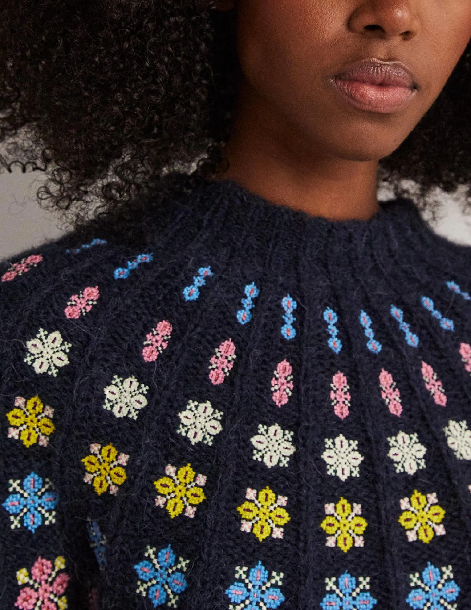 Fluffy Embroidered Jumper-Navy, Multi Embroidery