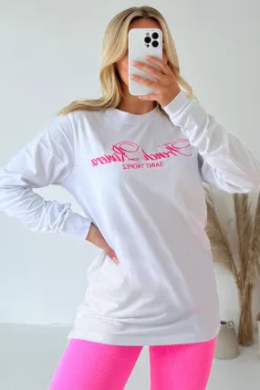 French Riviera neon pink embroidered long sleeve t-shirt