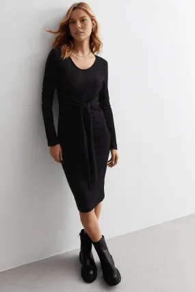 Front Tie Bodycon Knit Dress - BLACK