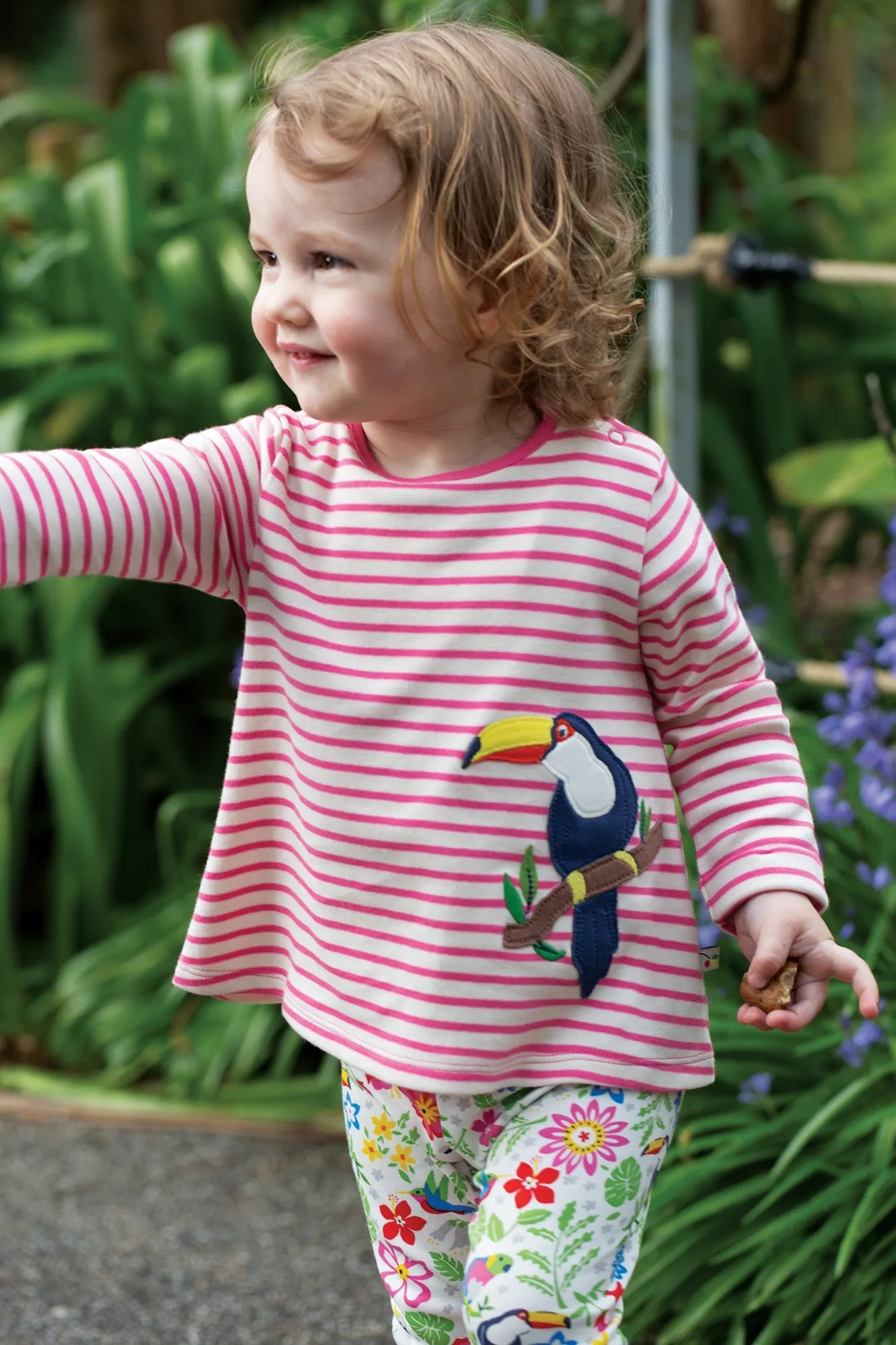 Frugi Oakleigh Striped Outfit in White Tropical Birds