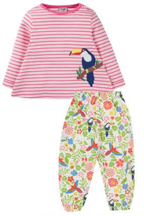 Frugi Oakleigh Striped Outfit in White Tropical Birds