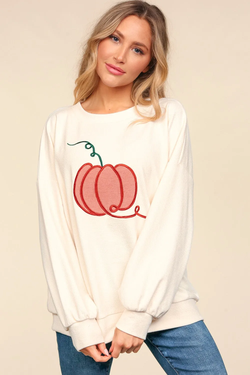 Full Size Embroidery Pumpkin Long Sleeve Knit Top