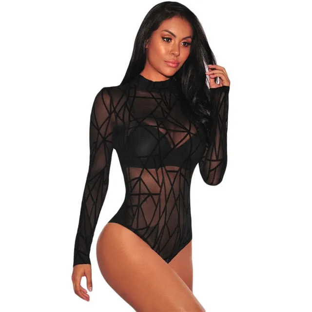 Geometric Print Sheer Bodysuit , Sheer Black Long Sleeve Bodysuit, Mesh Geometric Velvet Bodysuit