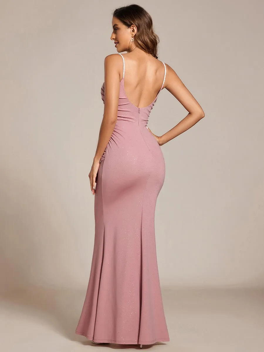 Glitter Spaghetti Strap U-Veck Open Back Bodycon Stretchy Evening Dress