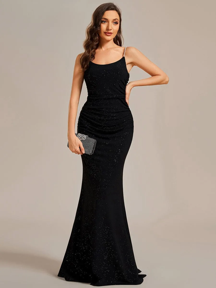 Glitter Spaghetti Strap U-Veck Open Back Bodycon Stretchy Evening Dress