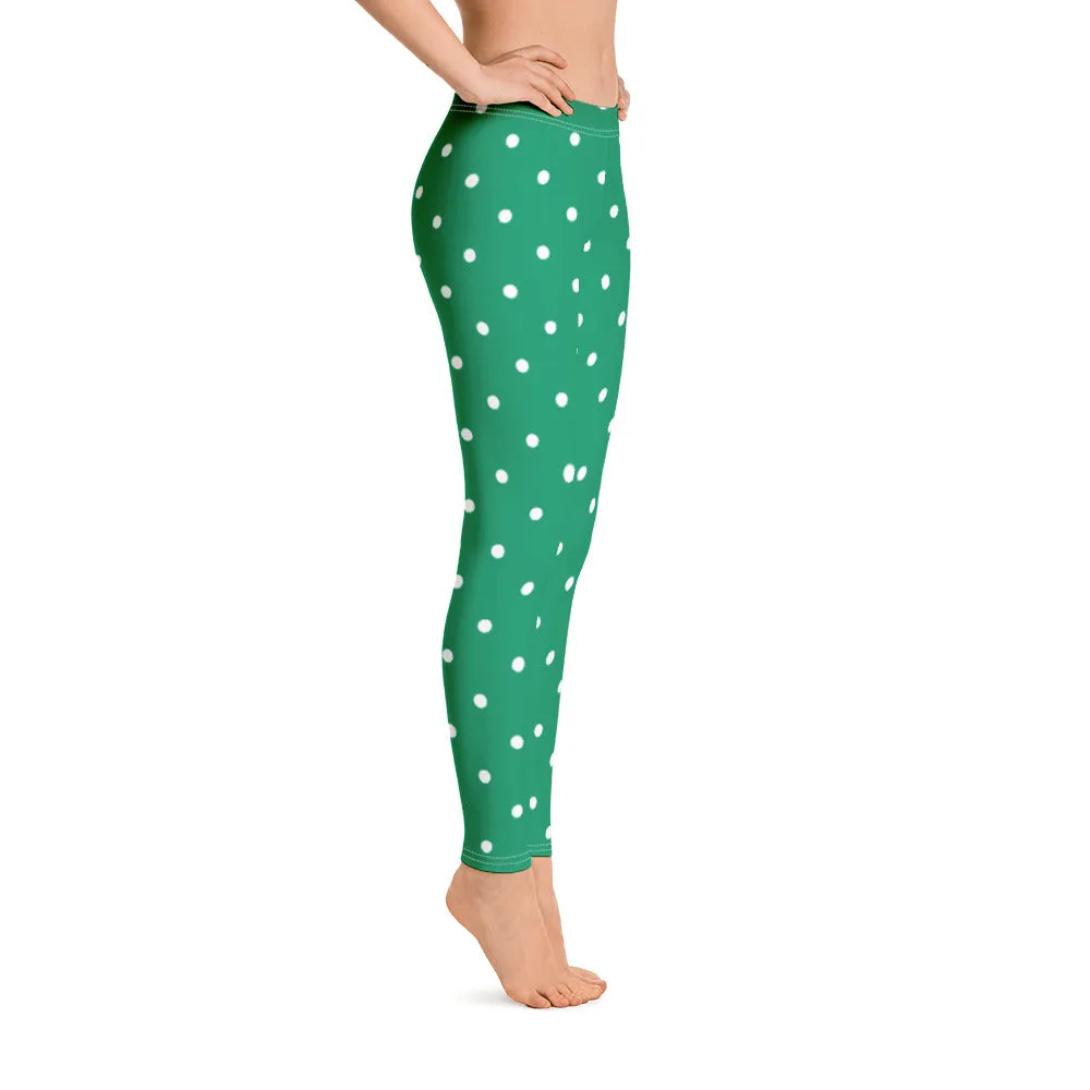 Green Polka Dot Leggings, Christmas Elf Xmas Holidays Yoga Pants, Printed Cute Graphic Workout Ugly Sweater Party Leggings