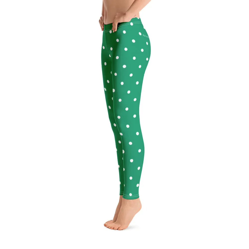 Green Polka Dot Leggings, Christmas Elf Xmas Holidays Yoga Pants, Printed Cute Graphic Workout Ugly Sweater Party Leggings