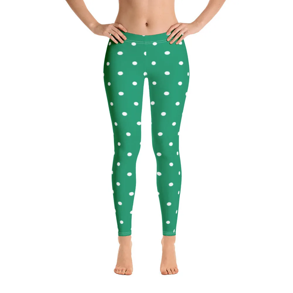 Green Polka Dot Leggings, Christmas Elf Xmas Holidays Yoga Pants, Printed Cute Graphic Workout Ugly Sweater Party Leggings