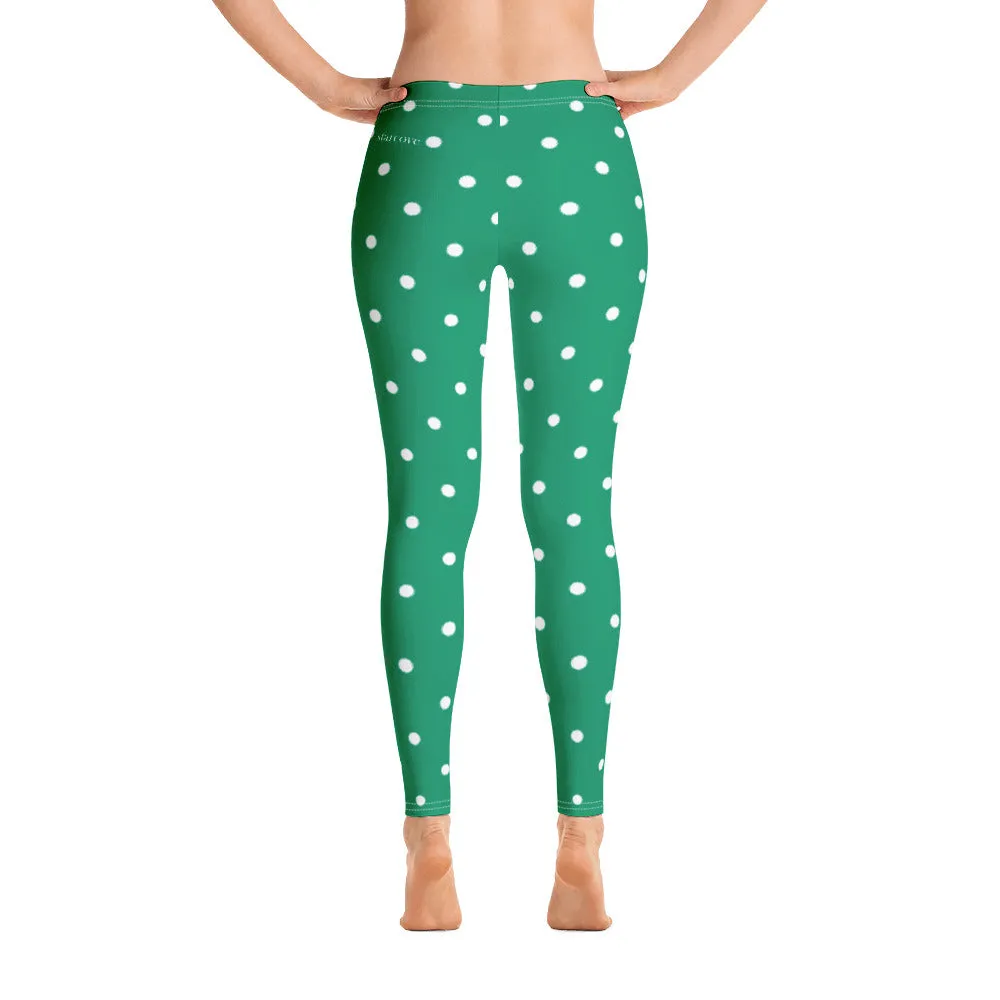 Green Polka Dot Leggings, Christmas Elf Xmas Holidays Yoga Pants, Printed Cute Graphic Workout Ugly Sweater Party Leggings