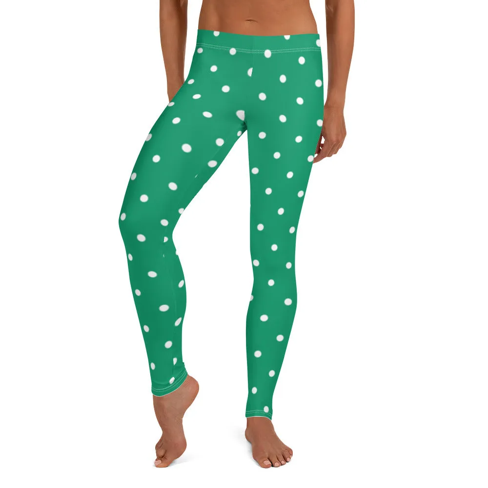 Green Polka Dot Leggings, Christmas Elf Xmas Holidays Yoga Pants, Printed Cute Graphic Workout Ugly Sweater Party Leggings