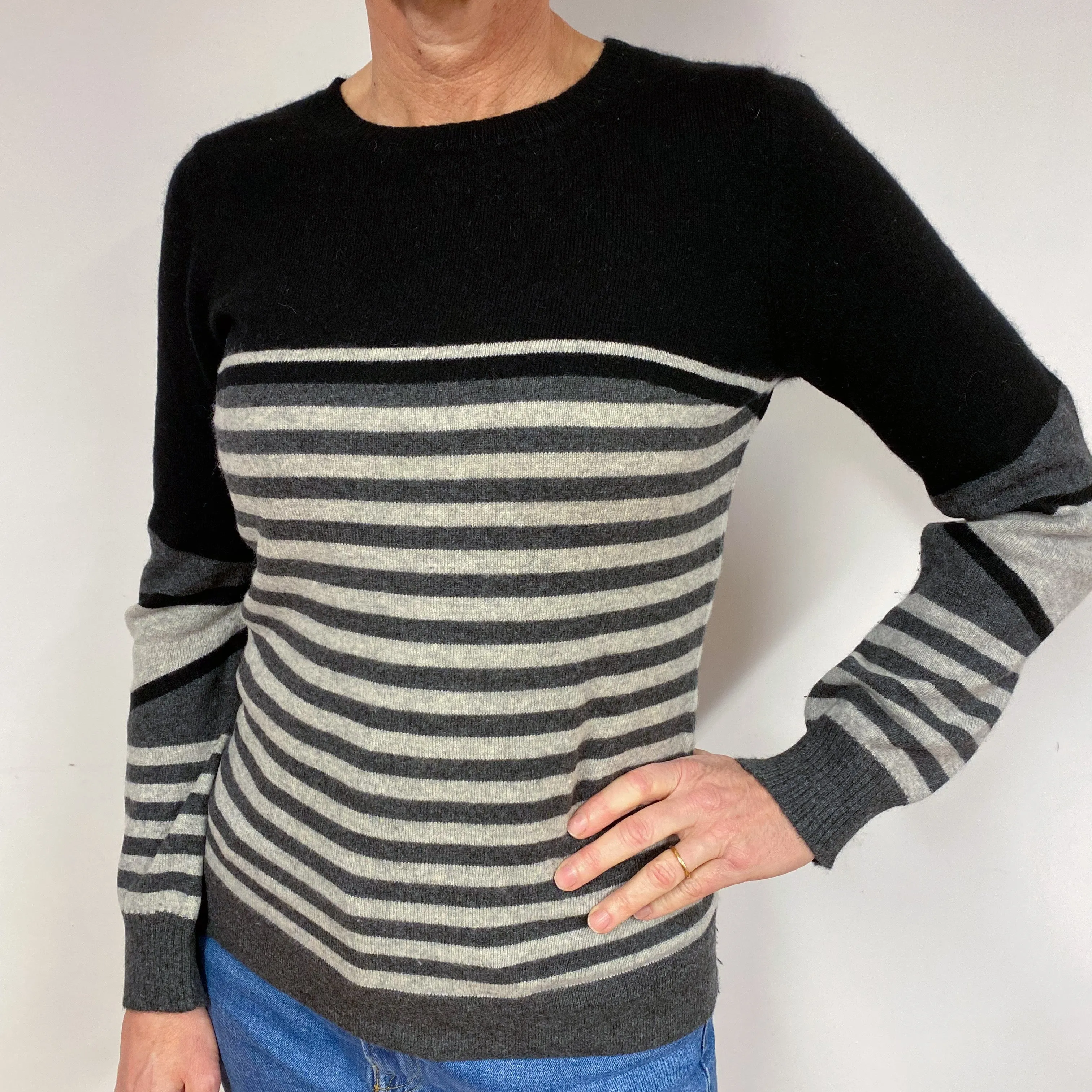 Grey Stripe Cashmere Crew Neck Jumper Medium