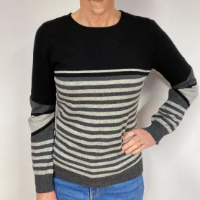 Grey Stripe Cashmere Crew Neck Jumper Medium