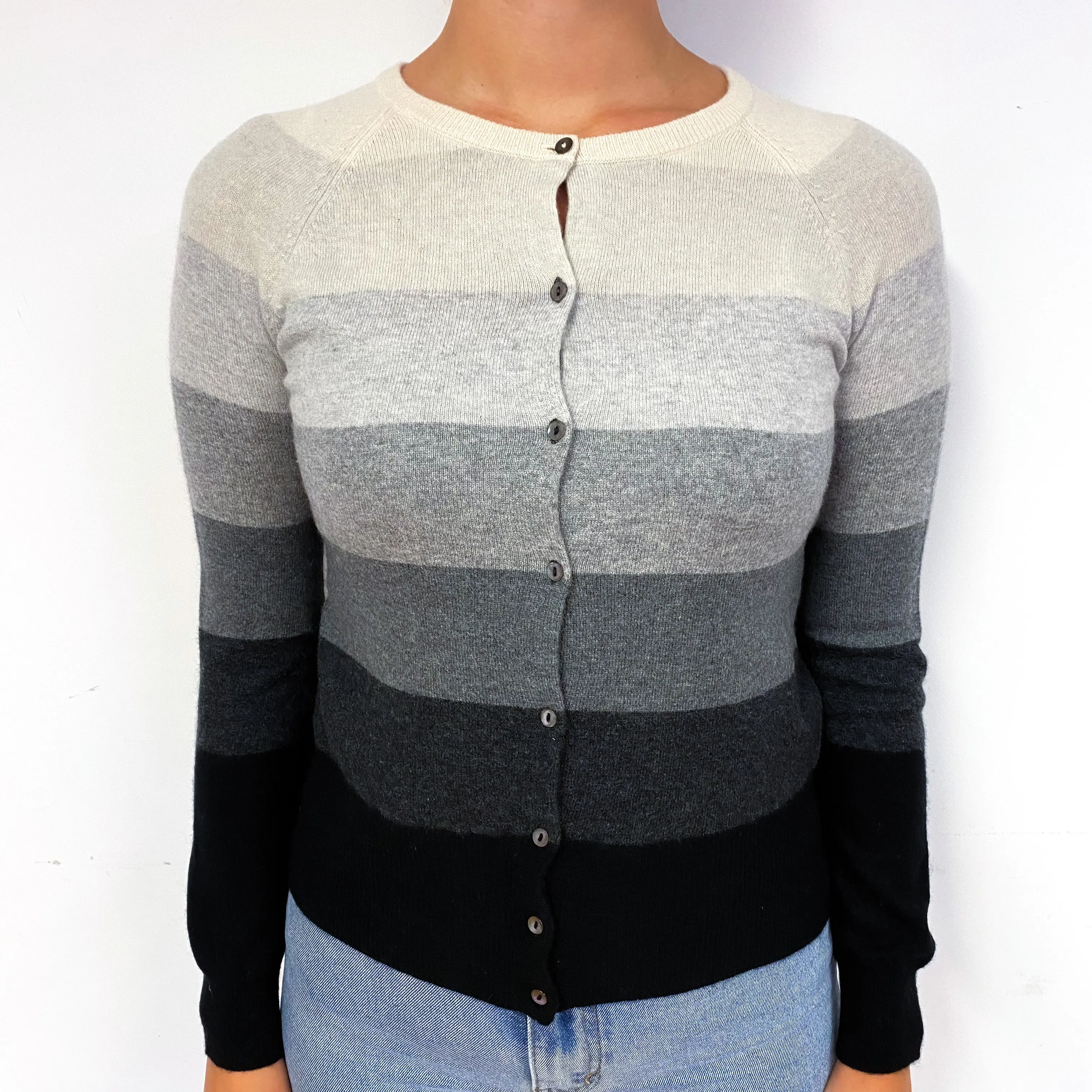 Grey Striped Elbow Patch Cashmere Cardigan Small