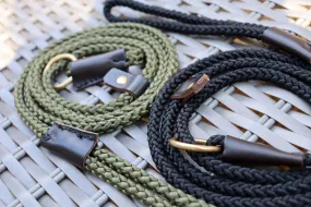 Handmade Traditional Gundog Slip Lead - Solid Brass and Leather with Black or Olive Nylon Rope