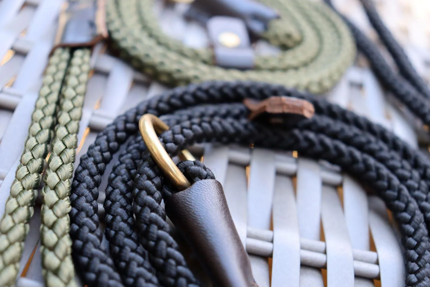 Handmade Traditional Gundog Slip Lead - Solid Brass and Leather with Black or Olive Nylon Rope