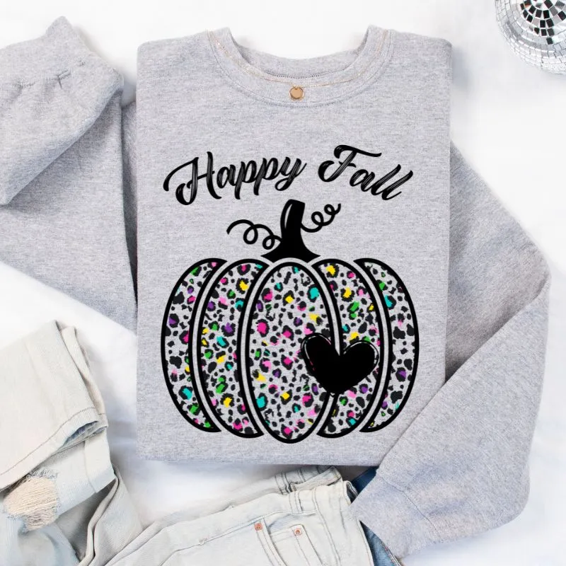 Happy Fall Cheetah Print Pumpkin Crewneck Pullover Sweatshirt