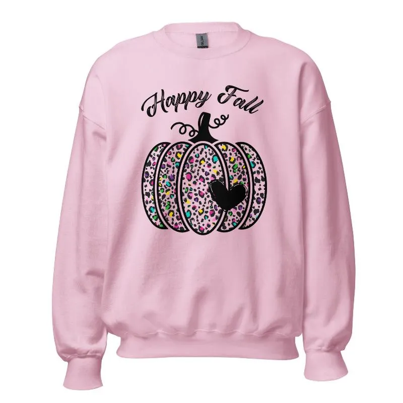 Happy Fall Cheetah Print Pumpkin Crewneck Pullover Sweatshirt