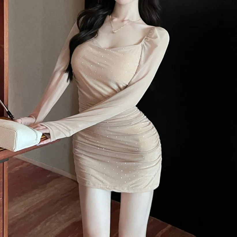 High Elastic Mesh Long Sleeve Hip-Hugging Dress