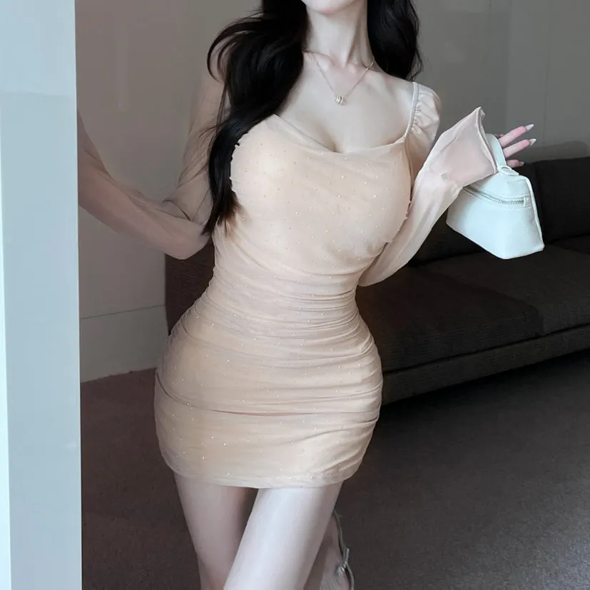 High Elastic Mesh Long Sleeve Hip-Hugging Dress