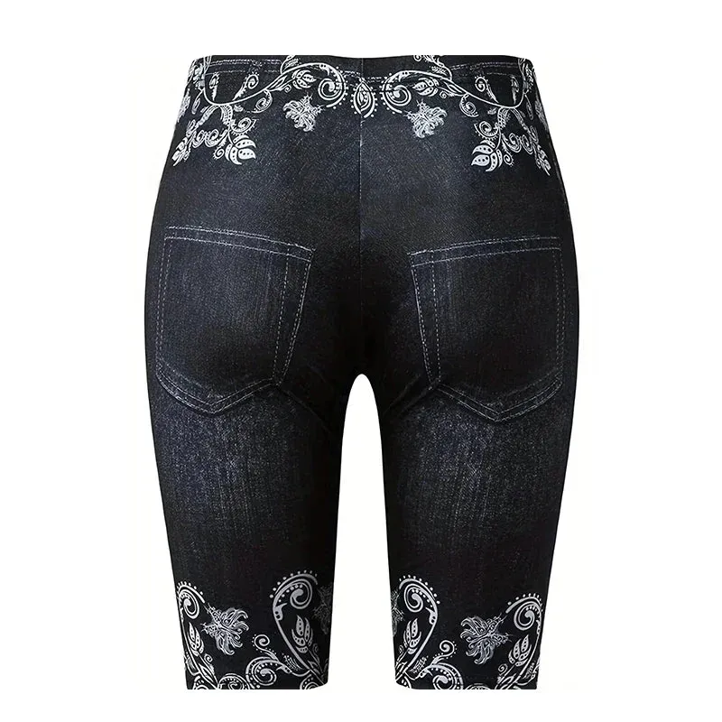 High Waist Women's Leggings Comfy Faux Denim Floral Geometric Patterns Y2K Style - Perfect for Yoga Casual Wear All Seas