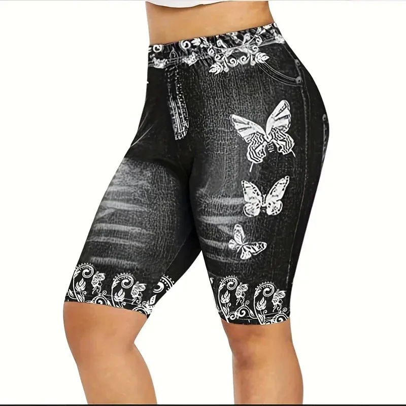 High Waist Women's Leggings Comfy Faux Denim Floral Geometric Patterns Y2K Style - Perfect for Yoga Casual Wear All Seas