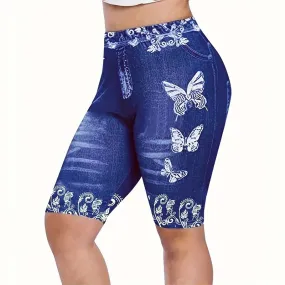 High Waist Women's Leggings Comfy Faux Denim Floral Geometric Patterns Y2K Style - Perfect for Yoga Casual Wear All Seas