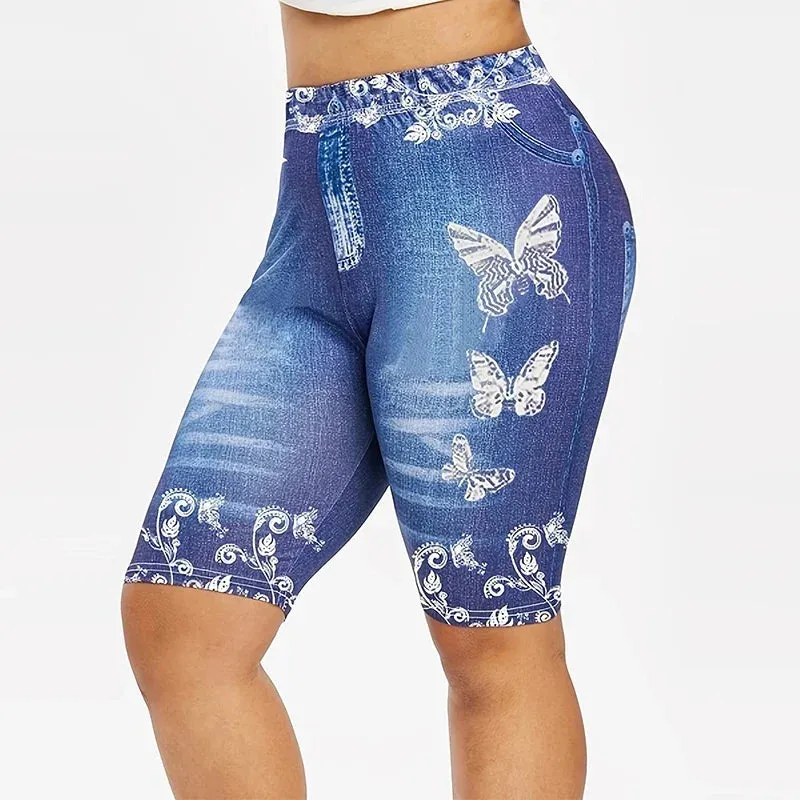 High Waist Women's Leggings Comfy Faux Denim Floral Geometric Patterns Y2K Style - Perfect for Yoga Casual Wear All Seas