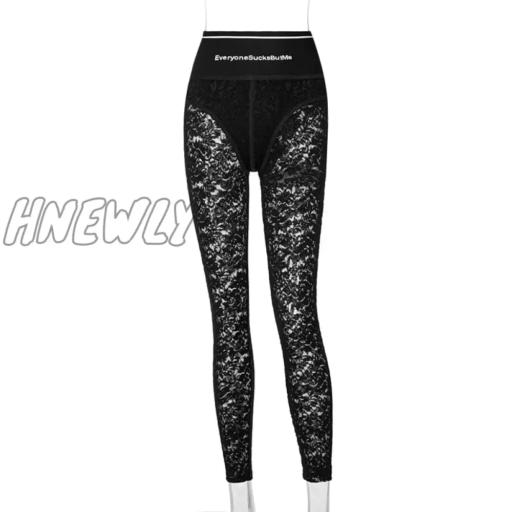 Hnewly High Waist Mesh See-Through Bodycon Pencil Pants Women Leggings Casual Streetwear Y2K Skinny Stretchy Lady Trousers