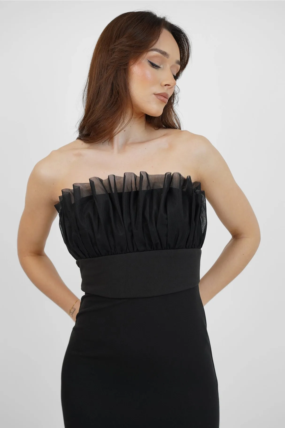 Lace & Beads Black Bodycon Tulle Bandeau Dress