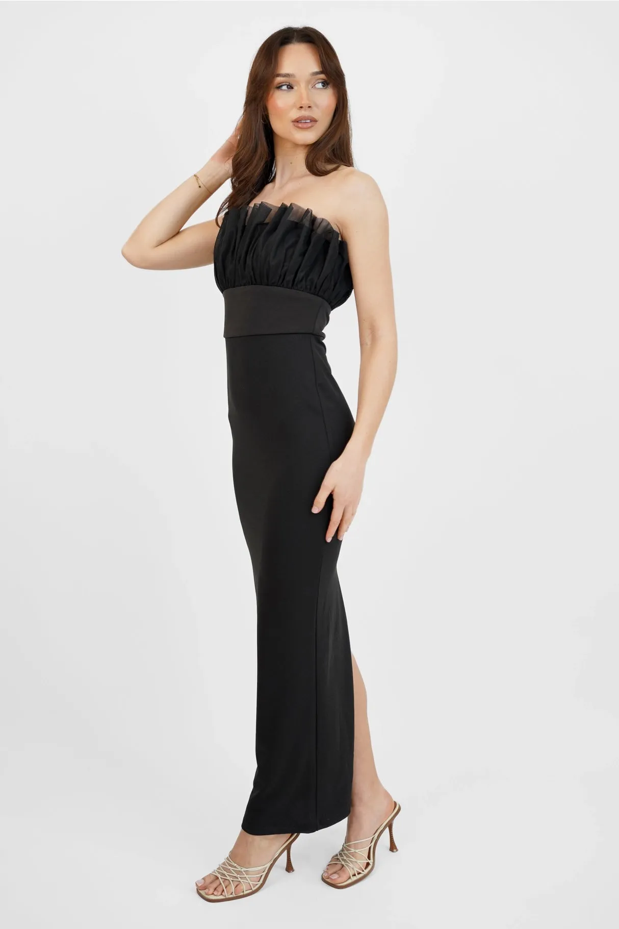 Lace & Beads Black Bodycon Tulle Bandeau Dress