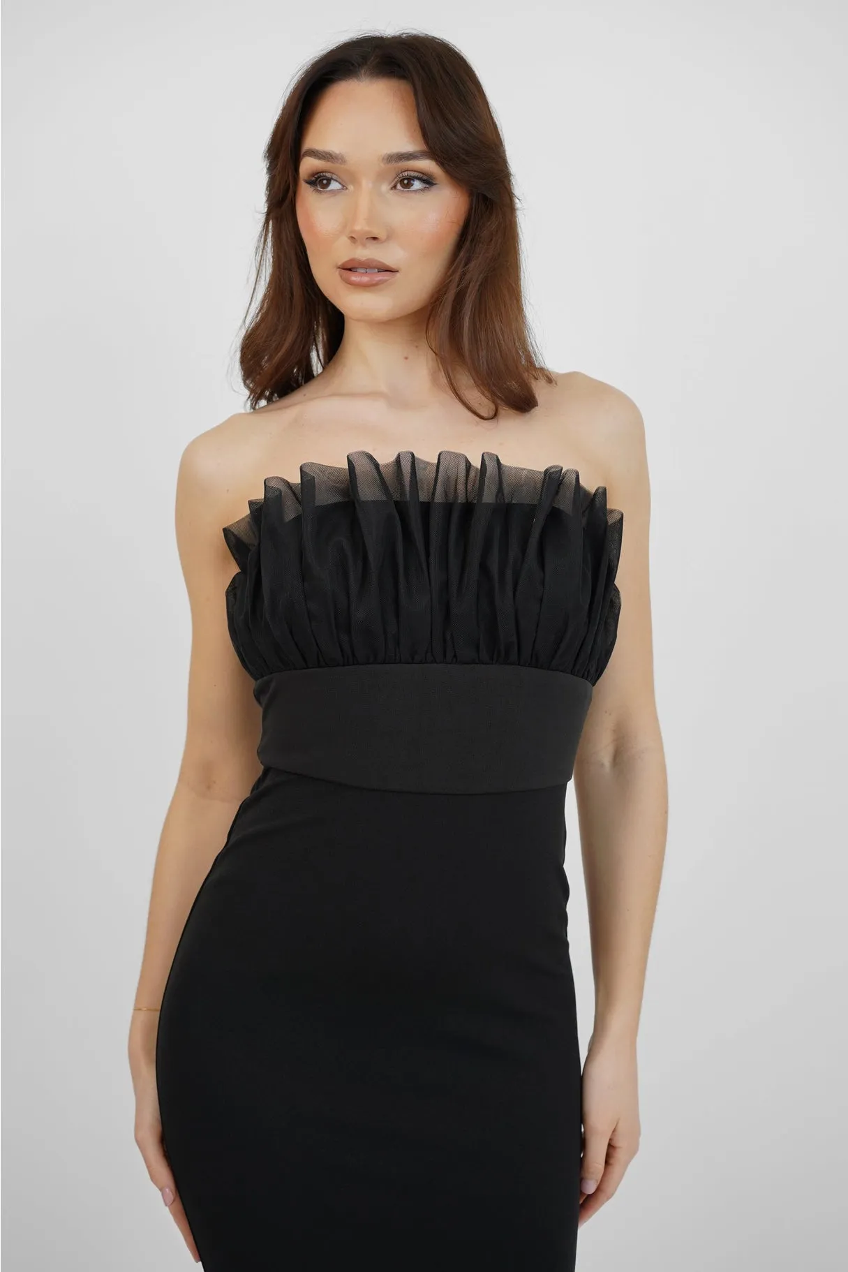 Lace & Beads Black Bodycon Tulle Bandeau Dress