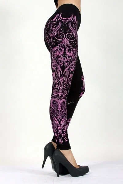 LEGGINGS W/ FLOWING PATTERN PRINT & STONE DETAILS - Pink