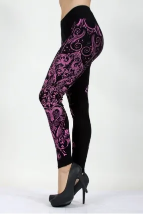 LEGGINGS W/ FLOWING PATTERN PRINT & STONE DETAILS - Pink