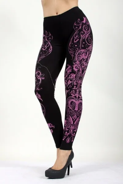 LEGGINGS W/ FLOWING PATTERN PRINT & STONE DETAILS - Pink