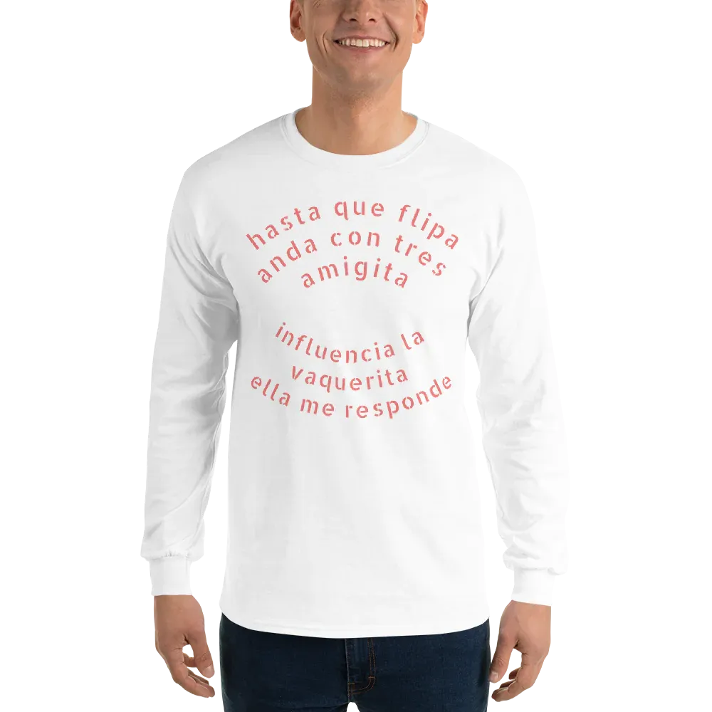 Long Sleeve Shirt: Men's, Spanish Reggaeton Slogan and Back Graphic Woman Bikini 100% Cotton