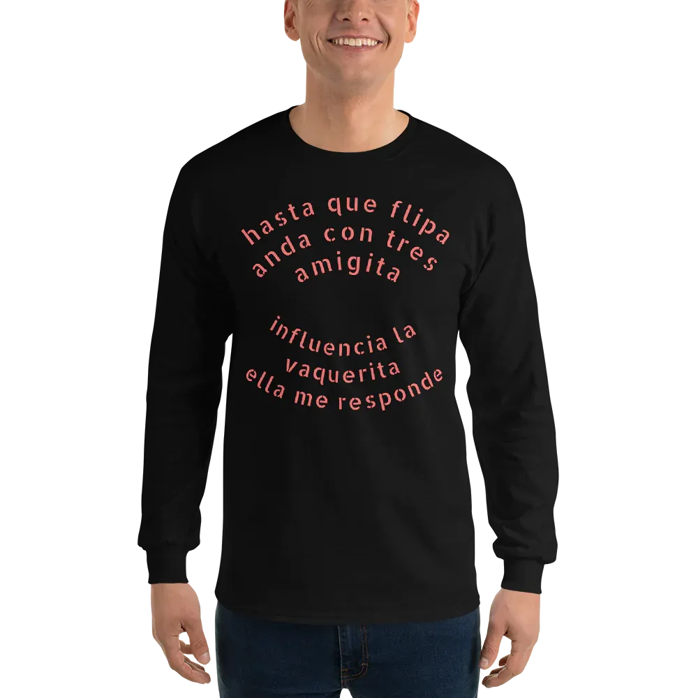 Long Sleeve Shirt: Men's, Spanish Reggaeton Slogan and Back Graphic Woman Bikini 100% Cotton