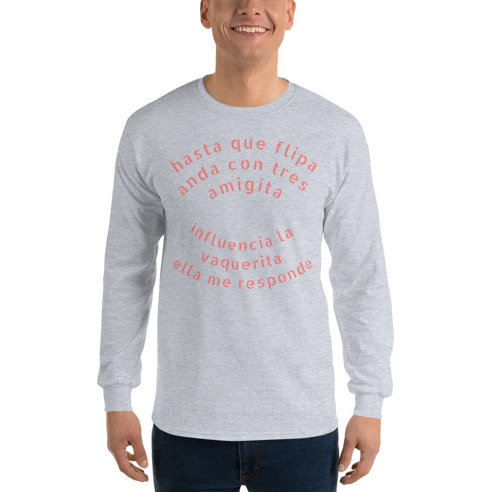 Long Sleeve Shirt: Men's, Spanish Reggaeton Slogan and Back Graphic Woman Bikini 100% Cotton