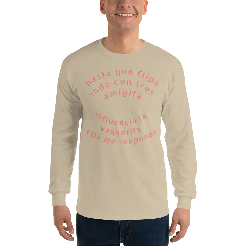 Long Sleeve Shirt: Men's, Spanish Reggaeton Slogan and Back Graphic Woman Bikini 100% Cotton