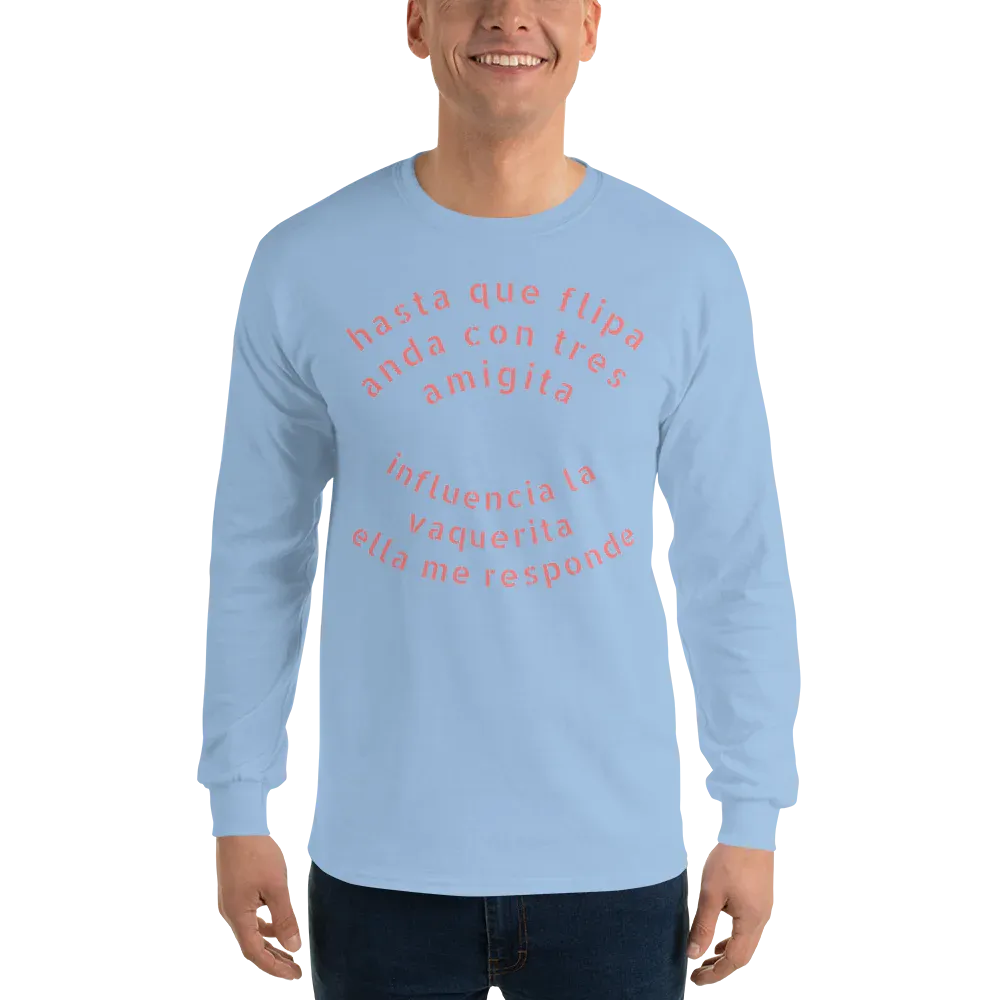 Long Sleeve Shirt: Men's, Spanish Reggaeton Slogan and Back Graphic Woman Bikini 100% Cotton