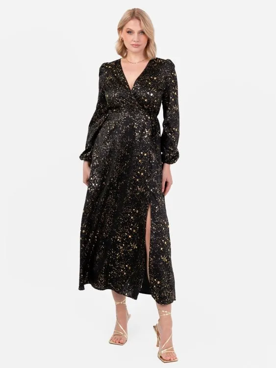 Lovedrobe Black Faux Wrap Midi Dress With Gold Detail