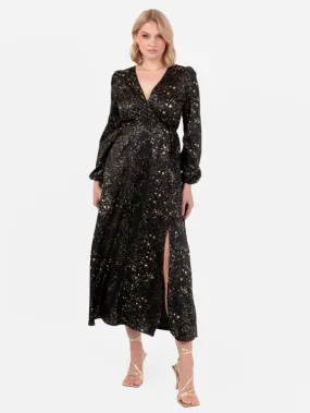 Lovedrobe Black Faux Wrap Midi Dress With Gold Detail