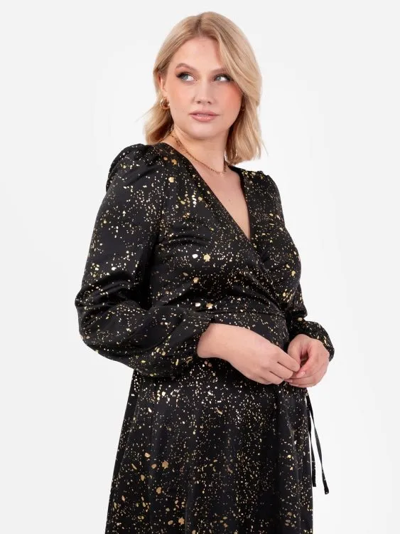 Lovedrobe Black Faux Wrap Midi Dress With Gold Detail