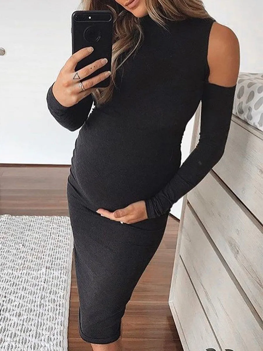 Maternity Cold Shoulder Long Sleeve Bodycon Dress