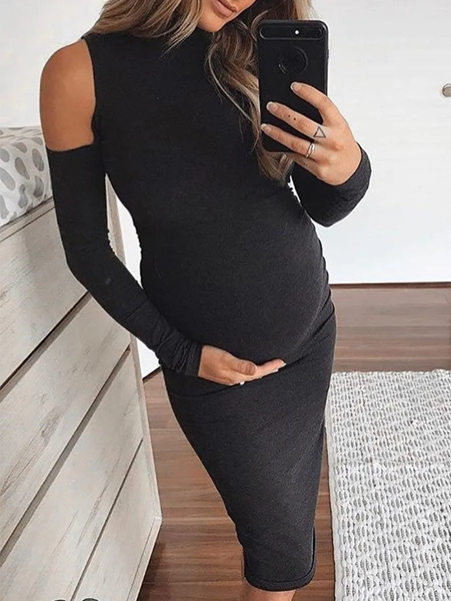 Maternity Cold Shoulder Long Sleeve Bodycon Dress