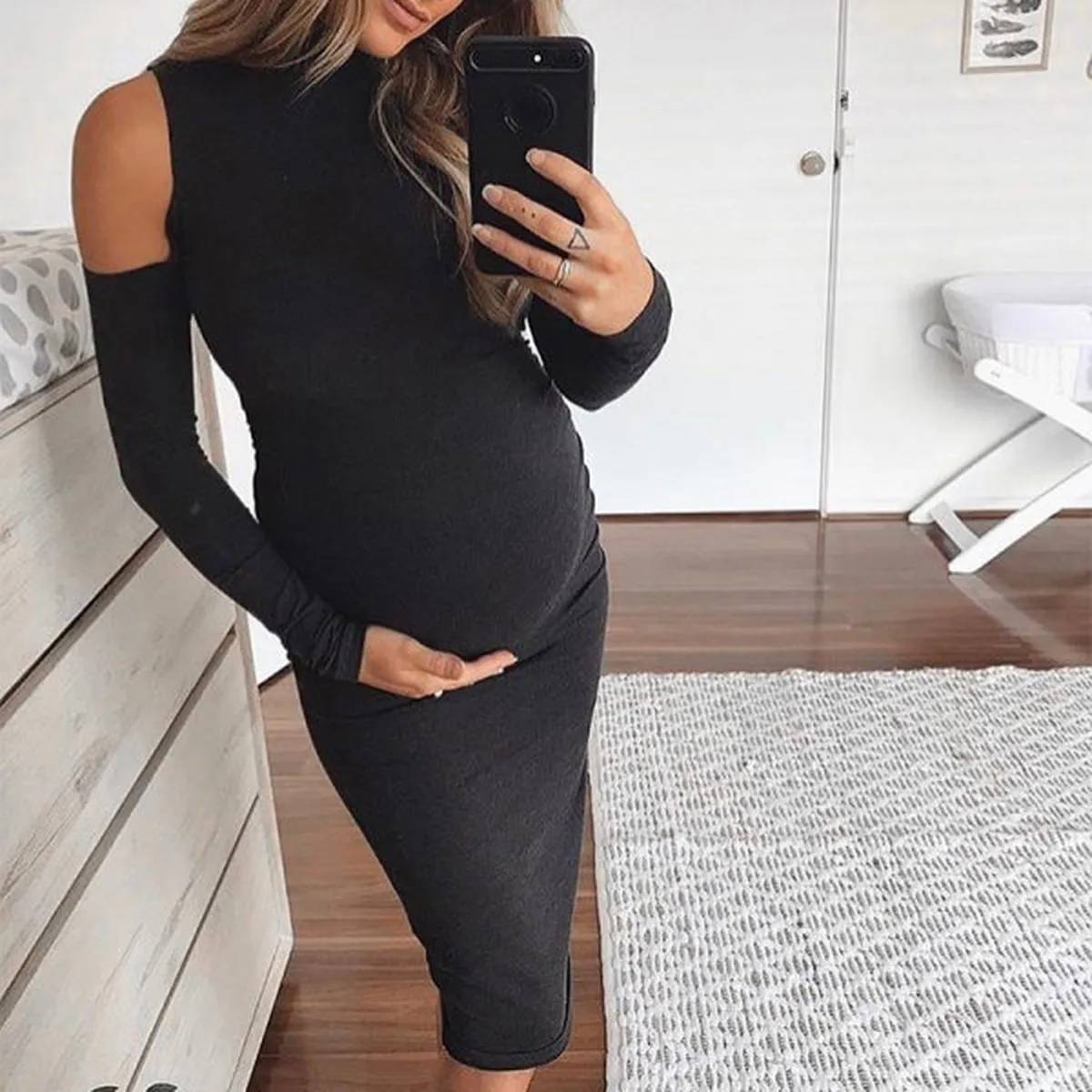 Maternity Cold Shoulder Long Sleeve Bodycon Dress