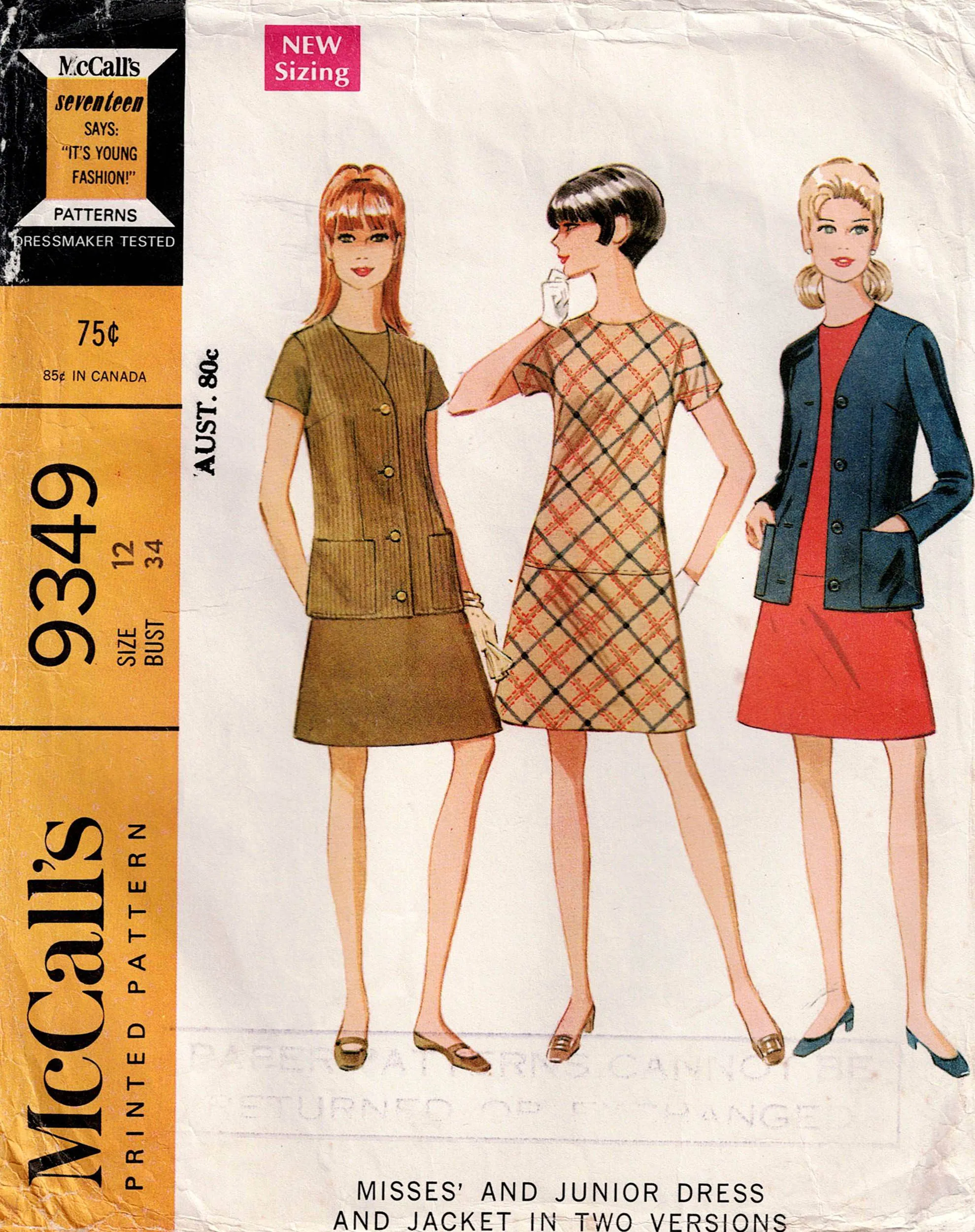 McCall's 9349 Womens A Line Dress & Jacket in 2 Versions 1960s Vintage Sewing Pattern Size 12 Bust 34 inches